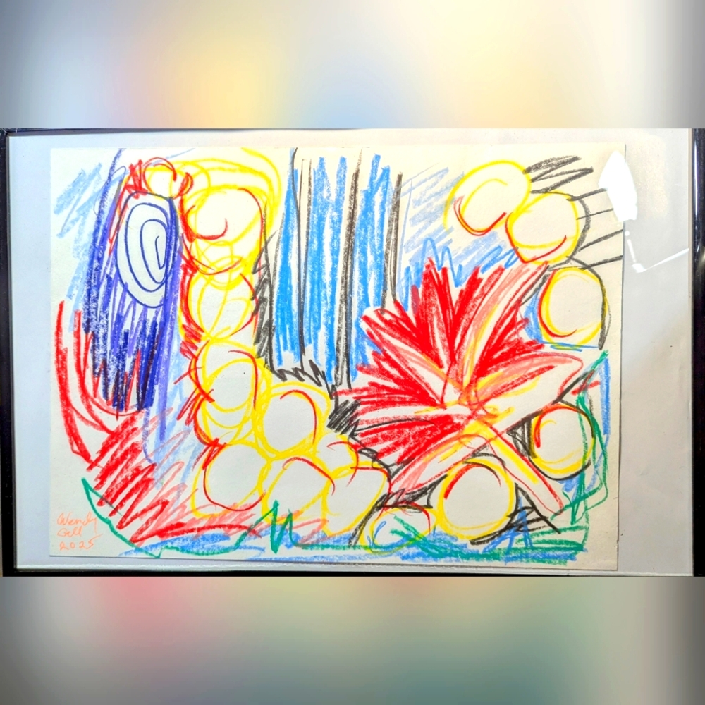 Wendy Gell Art Painting Abstract Garden. Crayons Bright Colors.